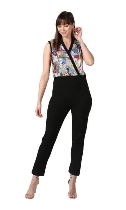 Women's Polyester Embellished Sleeveless Jumpsuit (Black)