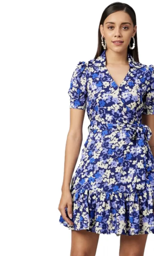 Women's Polyester Floral Short Sleeve Above Knee Dress (Blue - Purple)