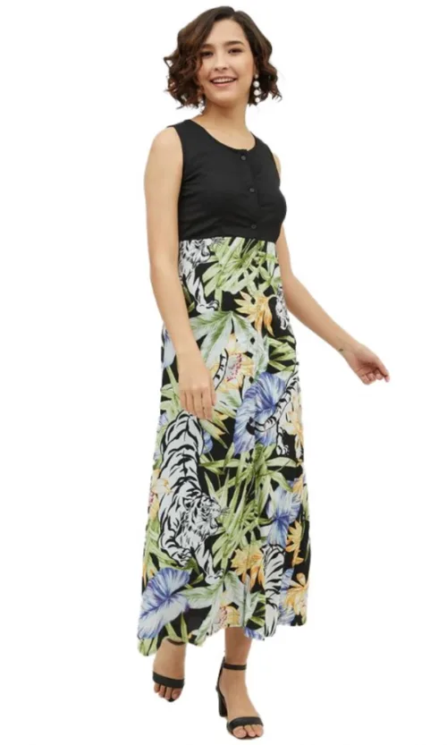Women's Rayon Floral Sleeveless Calf-length Dress (Multicolor)