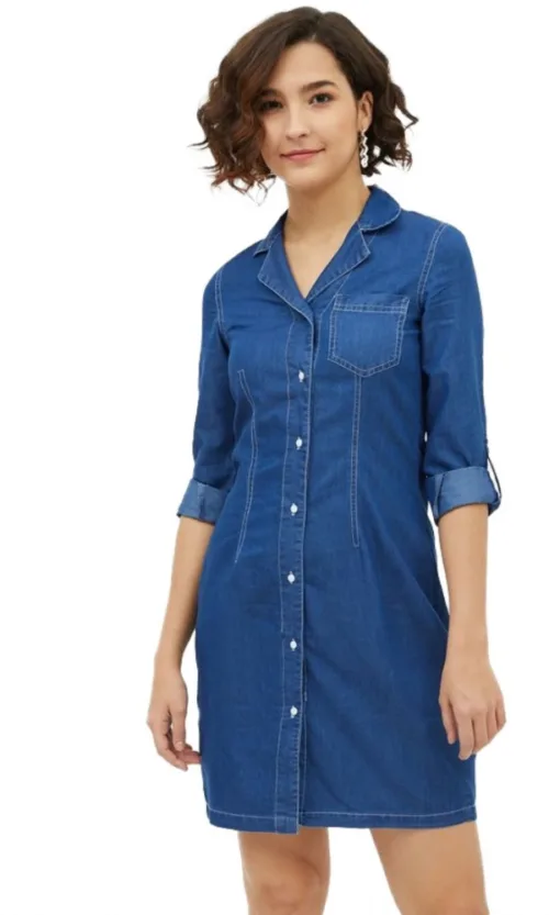 Women's Denim Solid Long Sleeves Above Knee Dress (Blue)