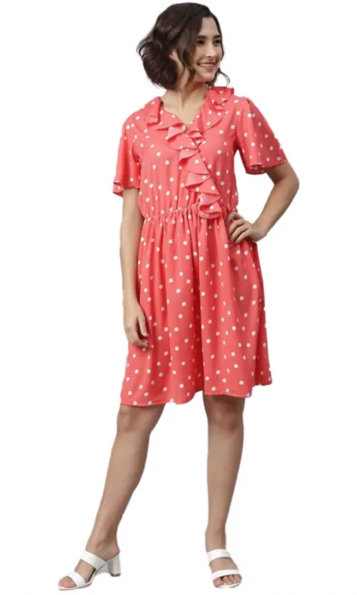 Women's Polyester Polka Flutter Above Knee Dress (Coral)