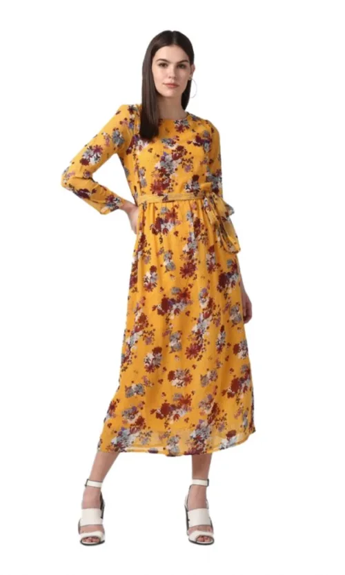 Women's Polyester Floral Long Sleeves Calf-length Dress (Yellow)