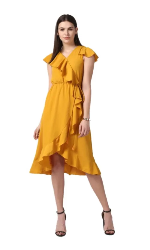 Women's Polyester Ruffled Cap Sleeve Knee-Length Dress (Yellow)