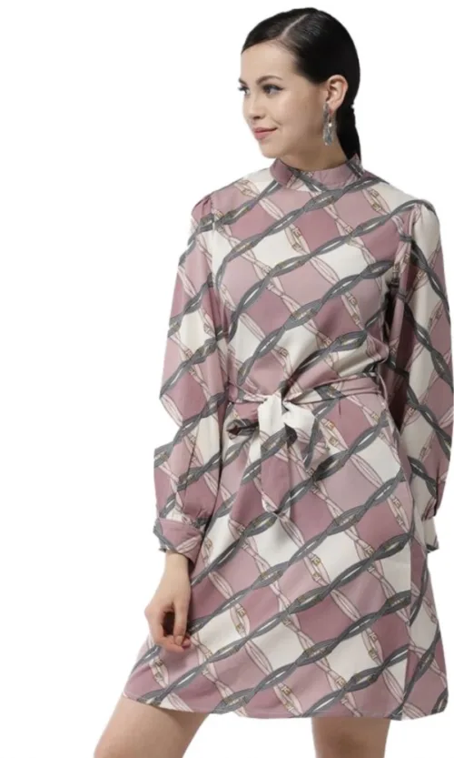 Women's Polyester Checkered Long Sleeves Above Knee Dress (Off White - Lavender)