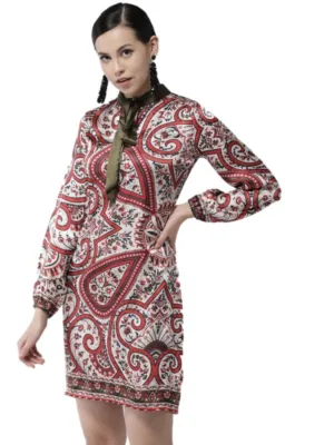 Women's Polyester Printed Long Sleeves Above Knee Dress (Red)
