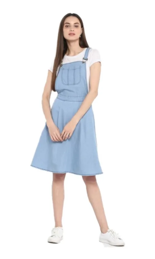 Women's Denim Solid Sleeveless Above Knee Dress (Blue)