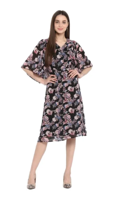 Women's Polyester Floral Short Sleeve Knee-Length Dress (Black - Multicolor)