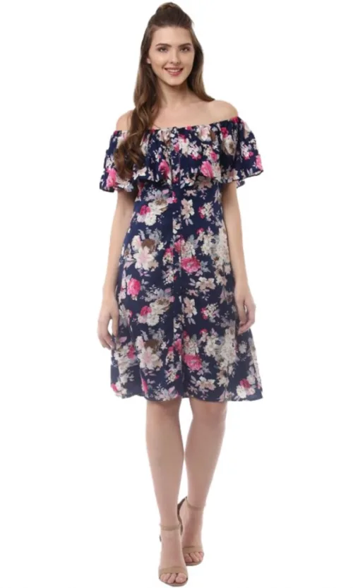 Women's Polyester Crepe Floral Half Sleeve Above Knee Dress (Navy Blue)