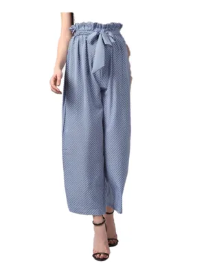 Women's Polyester Striped Elasticated Trousers (Blue)