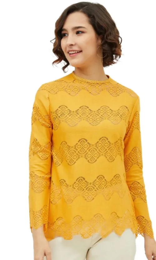Women's Cotton Lace Inserts Long Sleeves Top (Yellow)