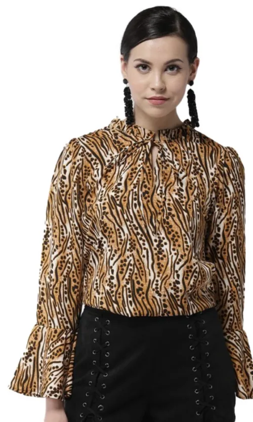 Women's Polyester Printed Bell Sleeve Top (Orange - Black)