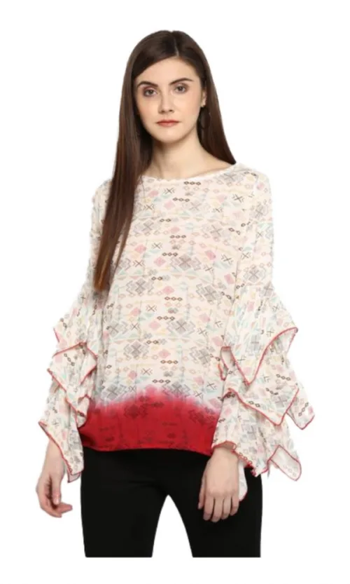 Women's Rayon Crepe Printed Ruffle Sleeve Top (Off White - Red)