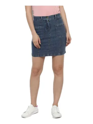 Women's Denim Front Pocket Buttoned Skirt (Blue)