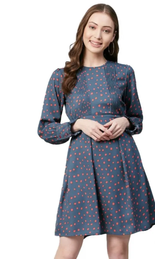 Women's Polyester Polka Long Sleeves Above Knee Dress (Grey - Coral)