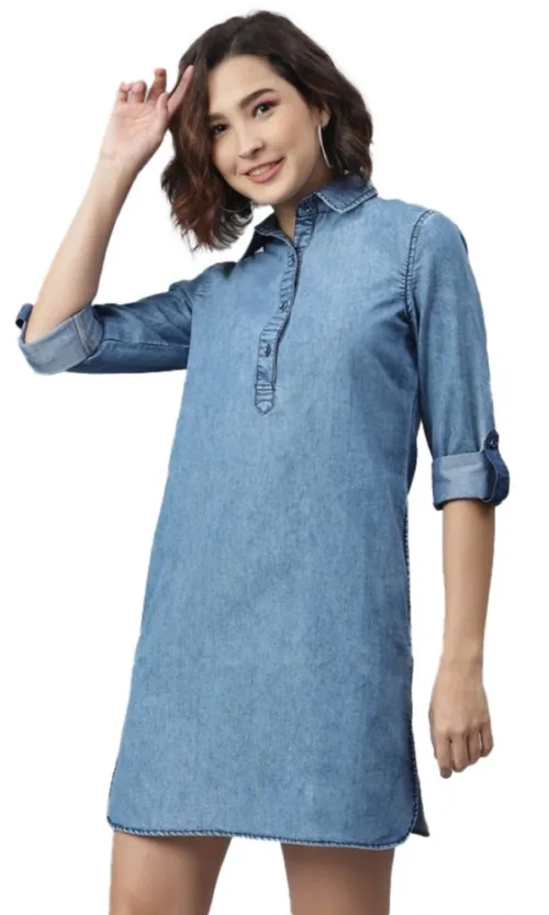 Women's Denim Solid Long Sleeves Above Knee Dress (Ice Blue)