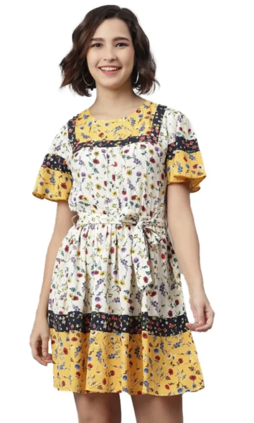 Women's Polyester Floral Flutter Above Knee Dress (Multicolor)