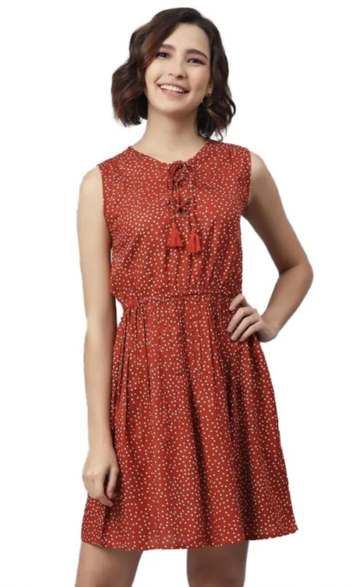 Women's Rayon Polka Sleeveless Above Knee Dress (Rust)