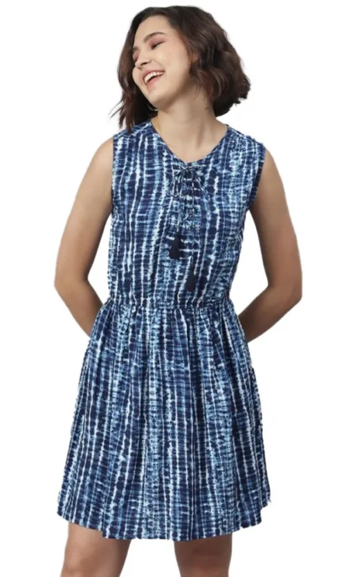 Women's Rayon Tie & Dye Sleeveless Above Knee Dress (Blue)