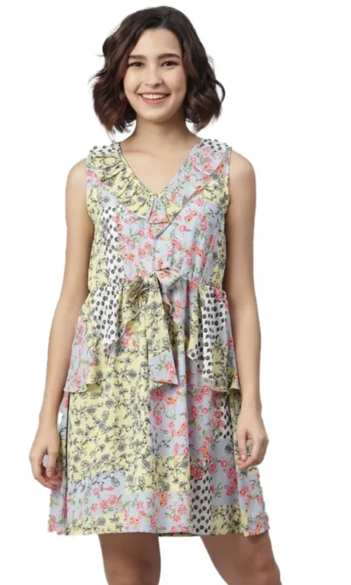 Women's Polyester Peplum Sleeveless Above Knee Dress (Multicolor)
