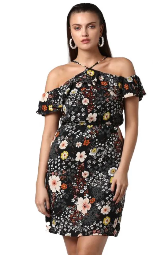 Women's Polyester Floral Cold Shoulder Above Knee Dress (Black)