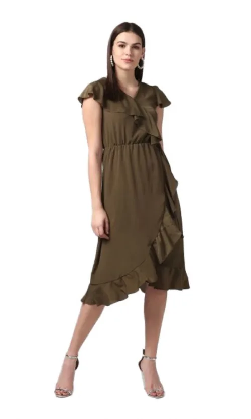 Women's Polyester Ruffled Cap Sleeve Knee-Length Dress (Olive)