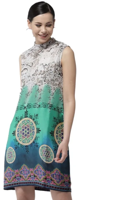 Women's Polyester Printed Sleeveless Above Knee Dress (Multicolor)