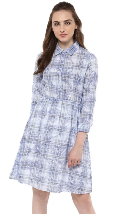 Women's Cotton Checkered Roll Up Sleeve Above Knee Dress (Blue)