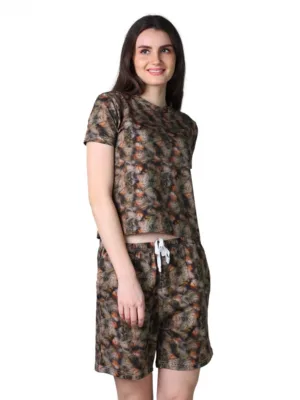 Women's Cotton Blended Printed Round Neck Half Sleeve Top - Shorts Set (Brown)