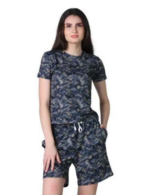 Women's Cotton Blended Printed Round Neck Half Sleeve Top - Shorts Set (Navy)