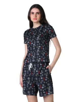 Women's Cotton Blended Printed Round Neck Half Sleeve Top - Shorts Set (Black)