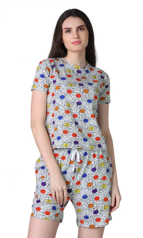 Women's Cotton Blended Printed Round Neck Half Sleeve Top - Shorts Set (Grey)