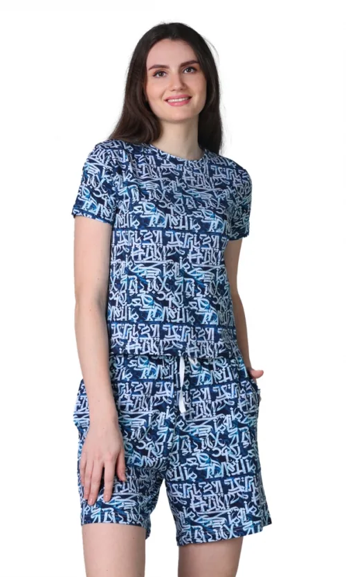 Women's Cotton Blended Printed Round Neck Half Sleeve Top - Shorts Set (White-Blue)