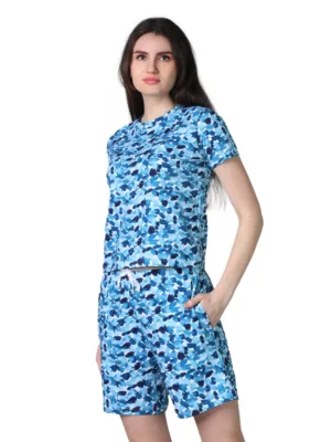 Women's Cotton Blended Printed Round Neck Half Sleeve Top - Shorts Set (SkyBlue)