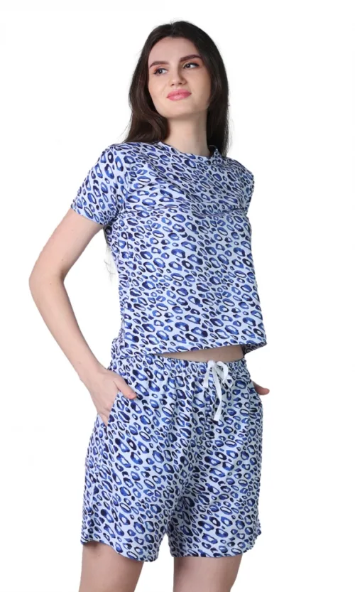 Women's Cotton Blended Printed Round Neck Half Sleeve Top - Shorts Set (Blue)