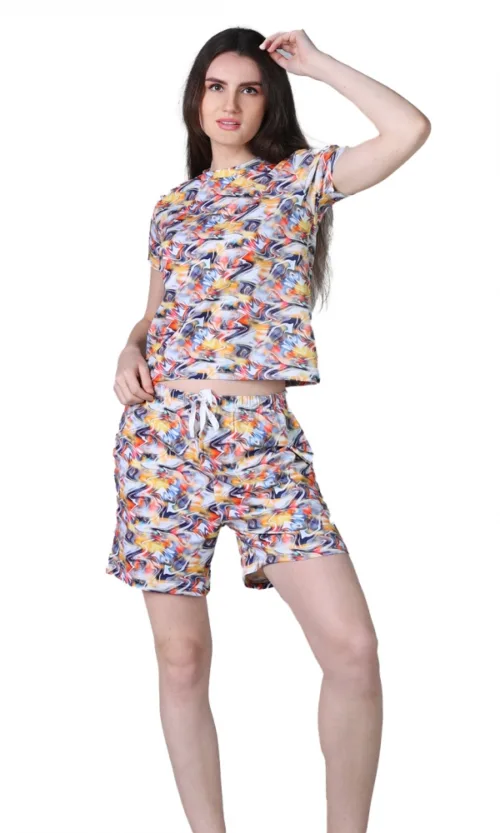 Women's Cotton Blended Printed Round Neck Half Sleeve Top - Shorts Set (Multicolor)