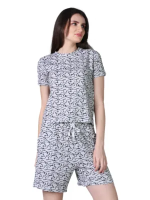 Women's Cotton Blended Printed Round Neck Half Sleeve Top - Shorts Set (Off_White)