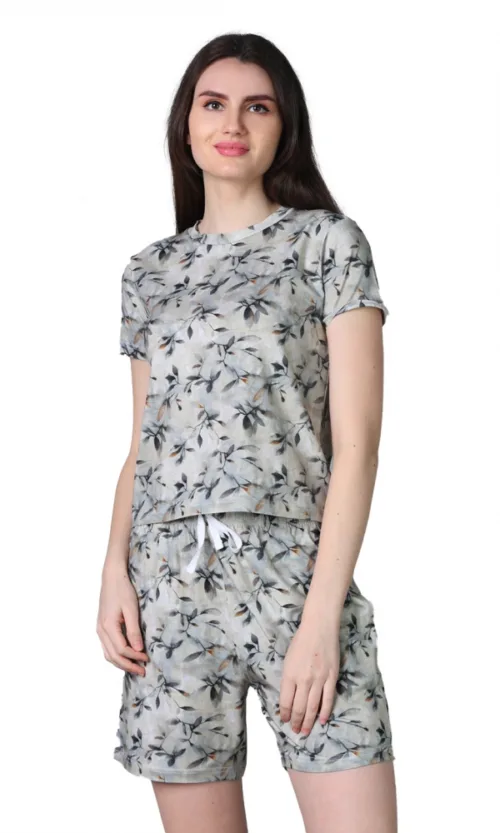 Women's Cotton Blended Printed Round Neck Half Sleeve Top - Shorts Set (Grey)