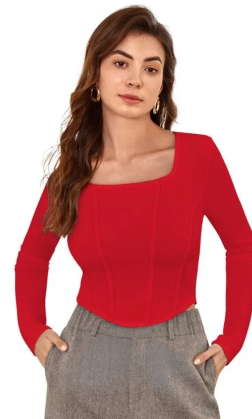 Women's Polyester Solid Full Sleeves Square Neck Top (Red)