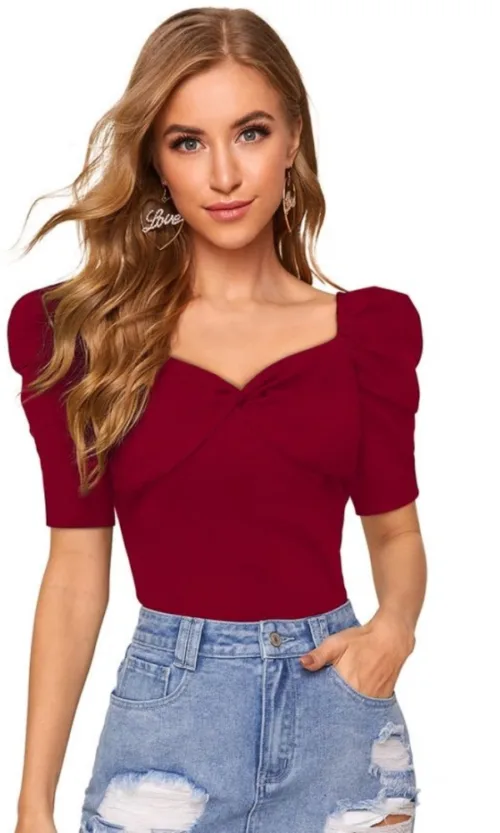 Women's Polyester Solid Puff Short Sleeves Sweetheart Neck Top (Maroon)