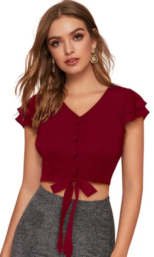 Women's Polyester Solid Short Sleeves V Neck Top (Maroon)