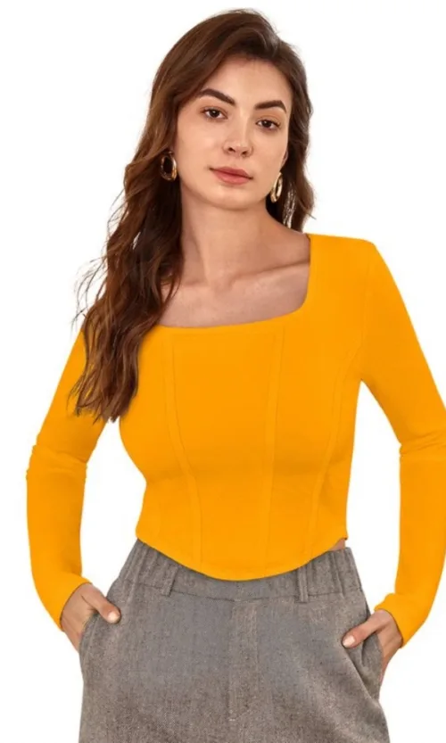 Women's Polyester Solid Full Sleeves Square Neck Top (Yellow)