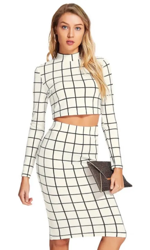 Women's Polyester Checkered Full Sleeves Stand Collar Crop Top Skirt Set (White)