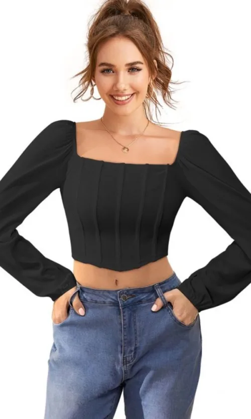 Women's Polyester Solid Long Sleeves Square Neck Top (Black)