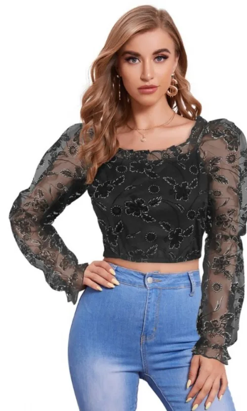 Women's Polyester Solid Full Sleeves Square Collar Top (Black)