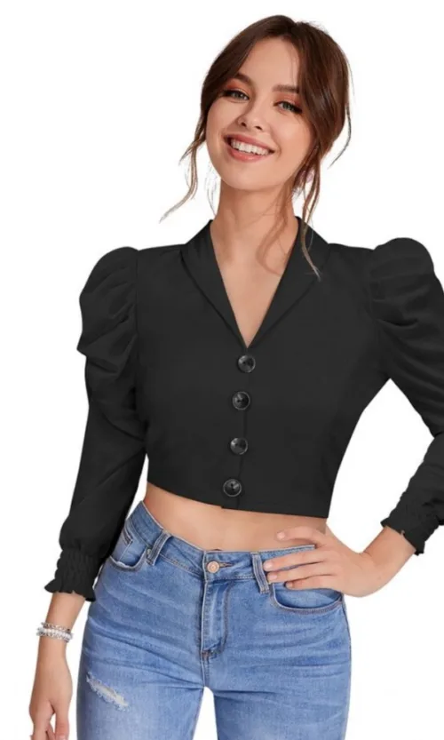 Women's Polyester Solid Puff Sleeves Lapel Collar Top (Black)
