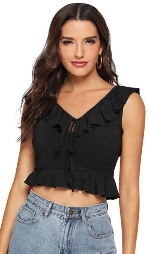 Women's Polyester Solid Sleeveless Ruffle Neck Top (Black)