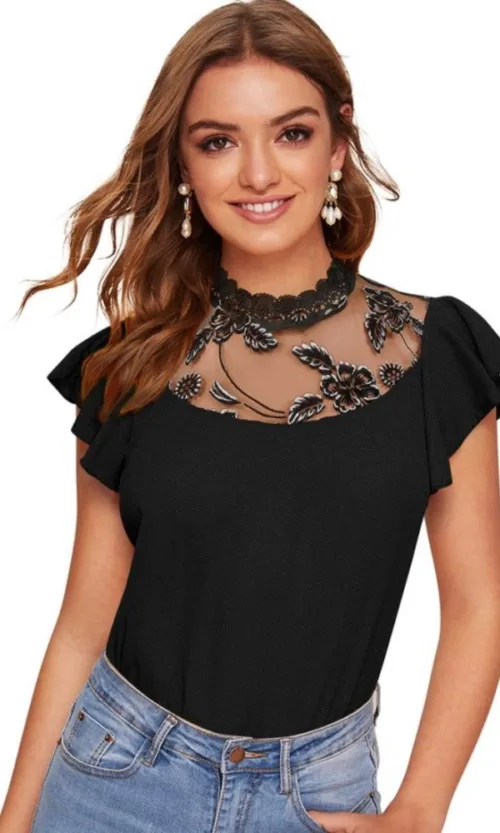 Women's Polyester Solid Cap Sleeve Sweetheart Neck Top (Black)
