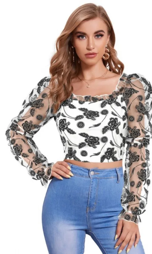Women's Polyester Solid Full Sleeves Square Collar Top (White)