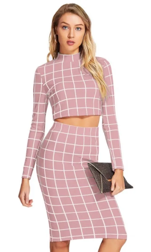 Women's Polyester Checkered Full Sleeves Stand Collar Crop Top Skirt Set (Pink)