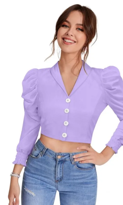Women's Polyester Solid Puff Sleeves Lapel Collar Top (Purple)